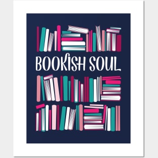 Bookish soul // oxford navy blue bookshelf background teal white fuchsia carissma and pastel pink books Posters and Art